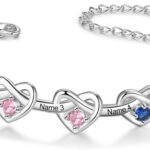 Personalized Birthstone Bracelets for Women- Heart Charm Name Bracelet with 2-6 Birthstones Jewelry- Mothers Day Christmas Birthday Gifts for Mom Wife Grandma