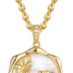 MTMY Birth Flower Necklace 14K Gold Plated Mother of Pearl Disc Birth Month Flower Pendant Necklaces for Women Personalized Custom Floral Jewelry Birthday Gift