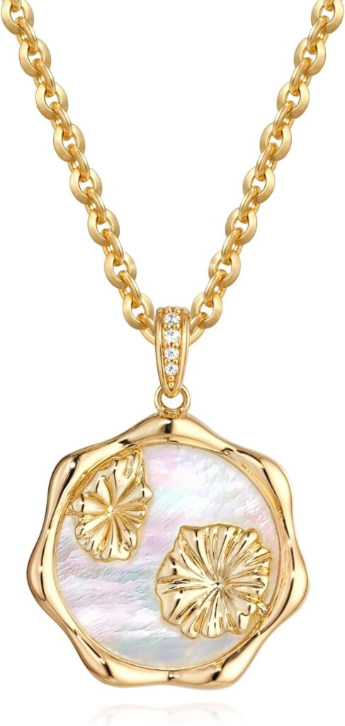 MTMY Birth Flower Necklace 14K Gold Plated Mother of Pearl Disc Birth Month Flower Pendant Necklaces for Women Personalized Custom Floral Jewelry Birthday Gift