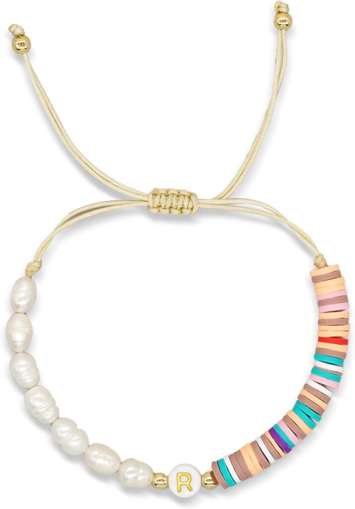 Baroque Pearl Beaded Initial Adjustable Bracelets for Women Teen, Cute Handmade Colorful Clay Beads Friendship Name Letter Bracelet Holiday Beach Jewelry Friend Gift