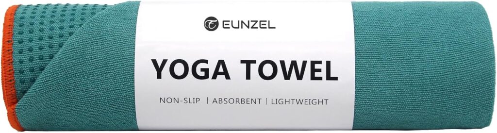 Eunzel Hot Yoga Towel – Microfiber Non Slip Yoga Mat Towel with Grip Dot Sweat Absorbent Towel for Hot Yoga, Pilates and Fitness 72″ x 24″, Dark Cyan/Orange