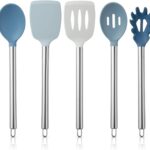 COOK WITH COLOR Silicone Cooking Utensils, Kitchen Utensil Set, Easy to Clean Silicone Kitchen Utensils, Cooking Utensils for Nonstick Cookware, Kitchen Gadgets Set, 5 Pieces, Blue and White