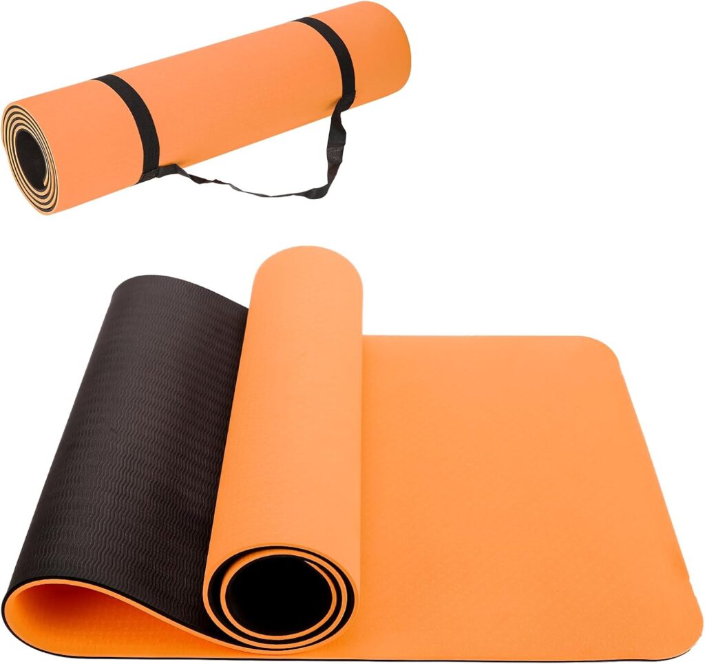 Thick TPE Yoga Mat 8mm, Non-Slip Eco-Friendly Workout Mat with Carrying Strap, Comfortable Fitness Mat for Yoga, Pilates, and Home Exercise (72″x24″)
