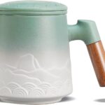 ZENS Tea Mug with Infuser and Lid for Loose Leaf Steeper, 16.9 oz Embossed Ceramic Tea Cup with Fine Tea Strainers, Wood Handle Large Tea Diffusers Mugs for Tea Lovers Gifts