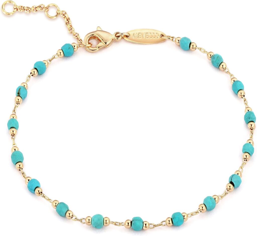 MEVECCO Gold Round Turquoise Beaded Bracelets,14K Gold Plated Handmade Cute Dainty Bracelet for Women