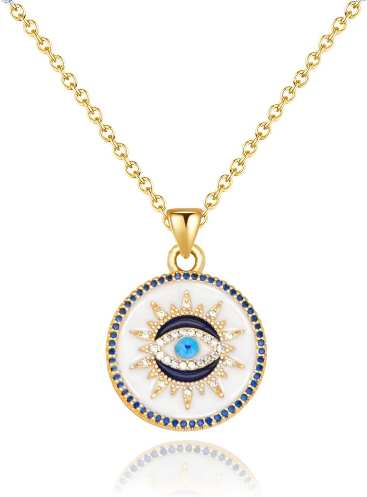 SmileBelle Evil Eye Gold Protection Necklace, Handmade Evil Eye Jewelry for Women, Ojo Turco Pendant Luck Amulet, Third Nazar Necklace Birthday Gift for Her