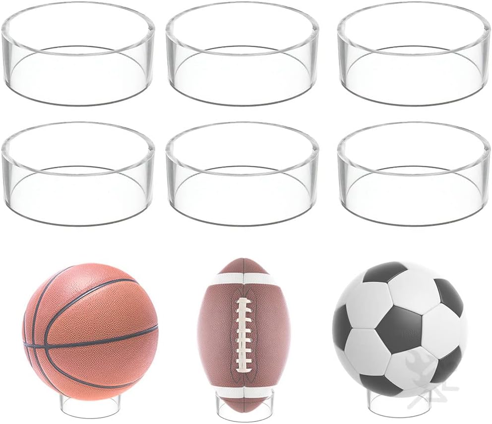 OnFireGuy 6pcs Acrylic Sports Ball Display Stands | Clear Storage Display for Basketball, Football, Volleyball, Bowling, Soccer Ball | 3″ W x 1″ H