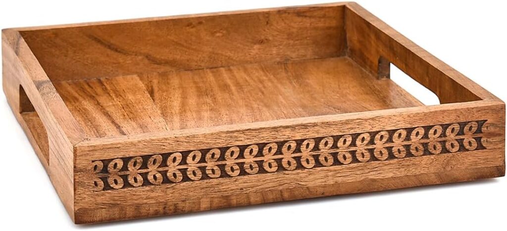 Serving Trays Acacia Wood Engraved Design & Cutout Handles Ideal for Breakfast, Drinks, & Home Decor (10″ x 10″ x 1.6″)