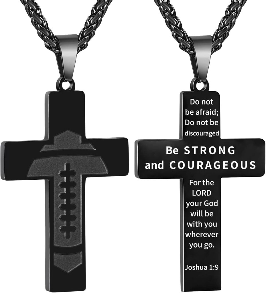 Football Cross Necklace for Boys Men Stainless Steel Bible Verse Pendant with 20+2 Inch Chain First Communion Baptism Religious Sports Jewelry Gift