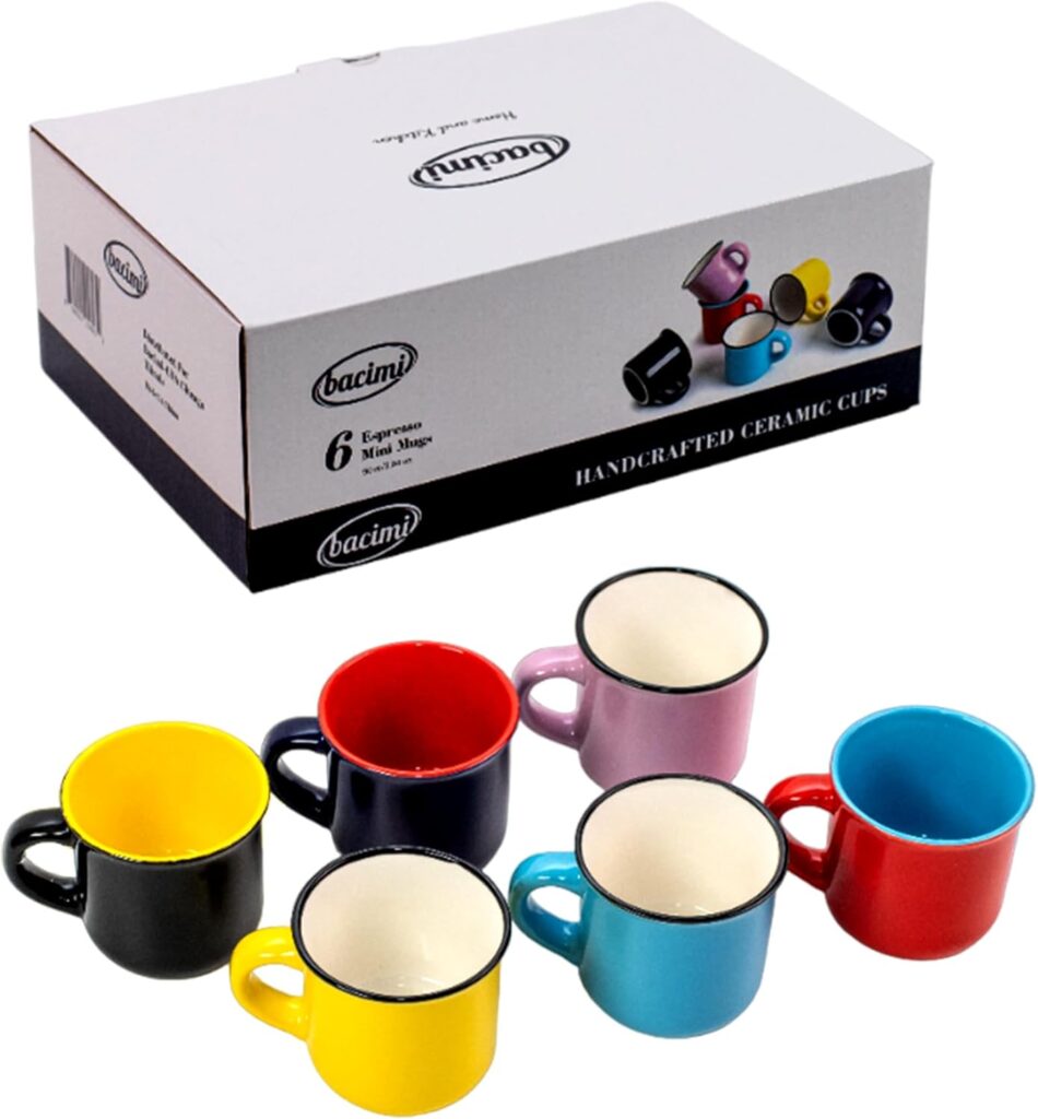 Bacimi® Mini Ceramic Espresso Mugs (Set of 6 / 3oz / 90ML) – Small Drinking Cups with Handle – Dishwasher & Microwave Safe – Modern Mugs for Coffee, Tea, Cocoa, Milk & Latte
