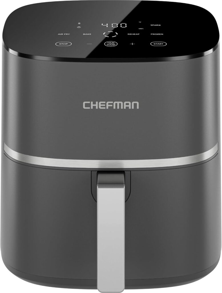 Chefman TurboX 4-in-1 Air Fryer, 5-Quart Airfryer for Extra Crispy Chicken, Fries, Wings, and More, Air Fry, Bake, Reheat, and Frozen Functions, Digital Touch Controls, Dishwasher Safe – Gray