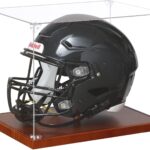 JupDec Football Helmet Display Case, Full Size Acrylic Baseball Motorcycle Helmet Showcase, UV Protection Souvenirs and Collectibles Box with Solid Wood Base & Riser, Ideal Gift for Sports Enthusiast
