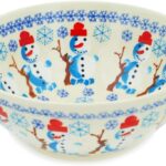 Authentic Polish Pottery Bowl 8-inch in Frosty Snowman Design Handmade in Bolesławiec Poland + Certificate of Authenticity