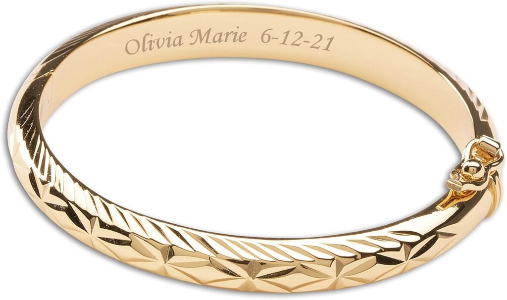 Precious Pieces Personalized 14K Gold-Plated Baby Bangle Bracelet Gift for Infant, Toddler, Kids, Teens or Women Bracelet, Custom Jewelry with Engraved Name