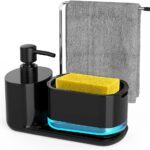 Kitchen Soap Dispenser Set, Soap Dispenser for Kitchen Sink, Dish Soap Dispenser with Sponge Holder, Rag Holder and Tray, 4-in-1 Organizer for Kitchen Sink Countertop, Useful Kitchen Gadgets – Black