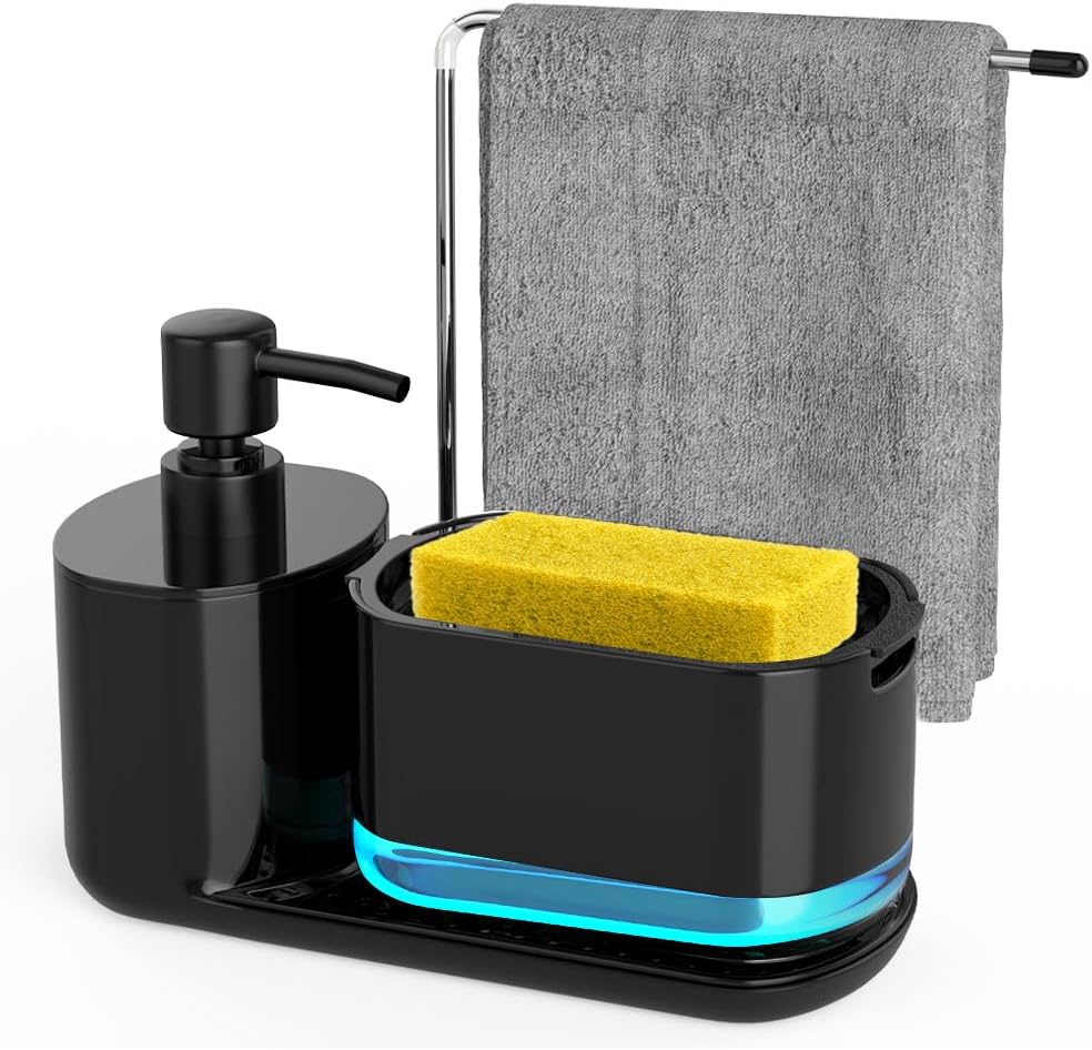 Kitchen Soap Dispenser Set, Soap Dispenser for Kitchen Sink, Dish Soap Dispenser with Sponge Holder, Rag Holder and Tray, 4-in-1 Organizer for Kitchen Sink Countertop, Useful Kitchen Gadgets – Black