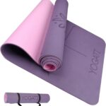 YOGATI® Yoga Mat with Strap with Alignment Lines. Home Workout Mat for Women, Men and Kids. Thick Non Slip Yoga Mat for Pilates and Fitness. Brown, Pink and Purple Yoga Mats