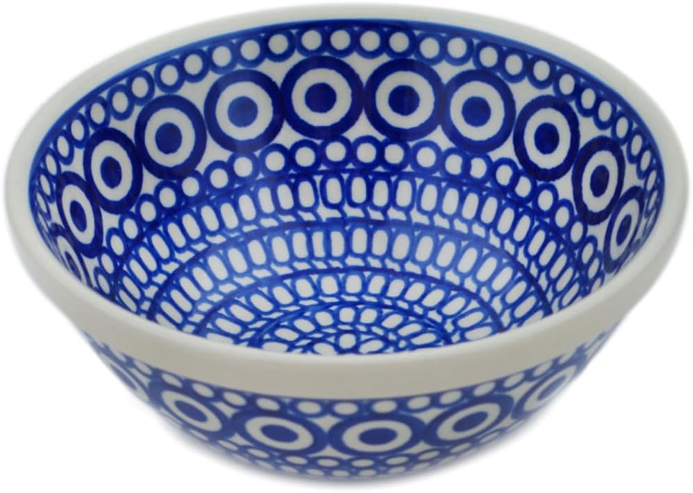 Authentic Polish Pottery Bowl 6-inch in Royal Peacock Eyes Design Handmade in Bolesławiec Poland by Ceramika Artystyczna + Certificate of Authenticity