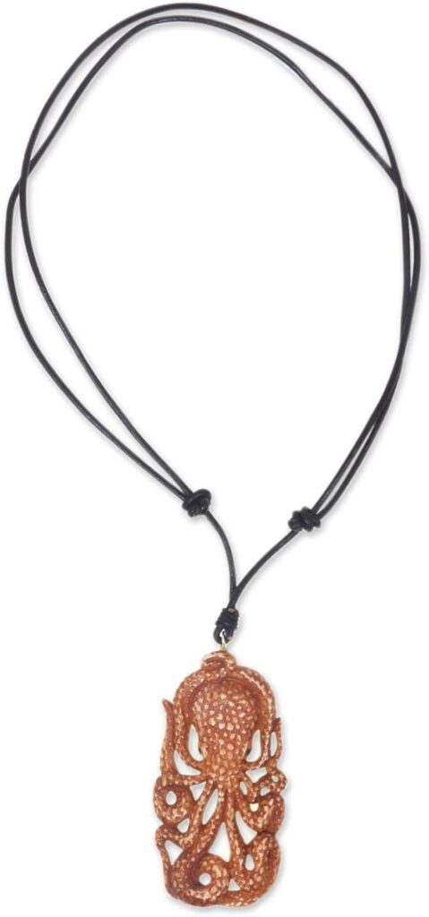 NOVICA Artisan Handmade Bone Pendant Necklace Octopus Carved of Cow Leather Bei Cord Indonesia Animal Themed Sea Lifeoctopus [13.5 in min L x 27.5 in max L 2 mm W Pendant(s) 2.5 in L x 1.]