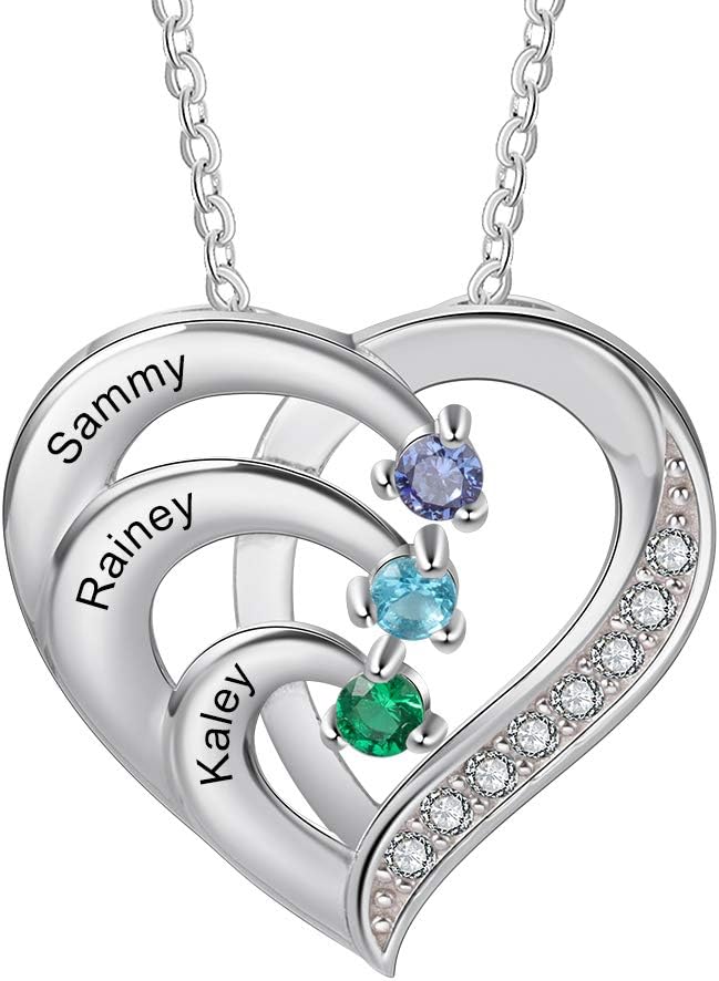 925 Sterling Silver Mother Necklace with 3-4 Simulated Birthstones Personalized Women’s Promise Necklace Engraved Names Family Anniversary Jewelry for Grandma