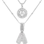 Initial Letter Necklace for Women 14k White Gold Silver Plated Dainty Necklaces Trendy Chunky Custom Layered Necklace Set Personalized Round Circle Zirconia A-Z Letter Chain Pendant Jewelry Gift