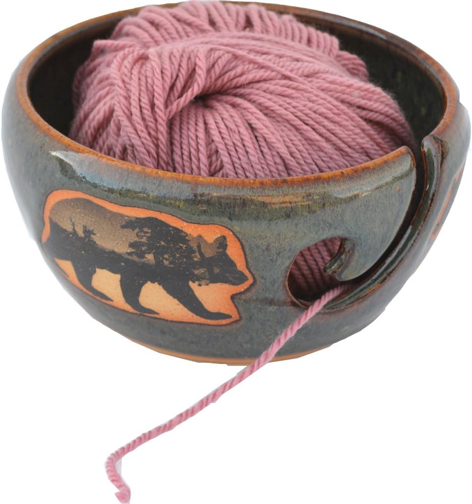 ALWAYS AZUL POTTERY Mountain Scene Bear Yarn Bowl in Seamist Glaze – Handmade Ceramic Pottery Yarn Bowl – Knitting & Crochet Yarn Holder – Artisan Glazed Pottery- Wool Bowl Great for Knitters