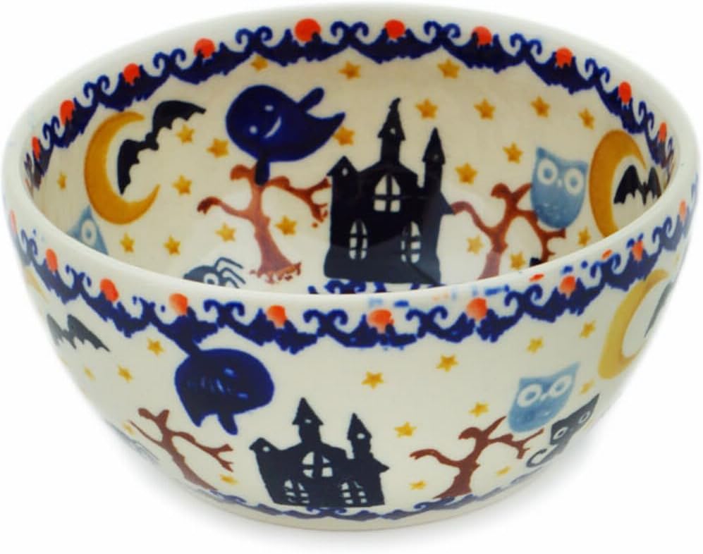 Authentic Polish Pottery Bowl 5-inch in Halloween Spooky Vibe Design Handmade in Bolesławiec Poland by Ceramika Bona + Certificate of Authenticity