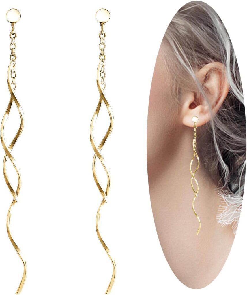 Sterling Silver Spiral Long Wire Earrings, Handmade Twisted Linear Hypoallergenic Dangle Drop Earrings, Gift for Women (Silver, straight long wire earing)