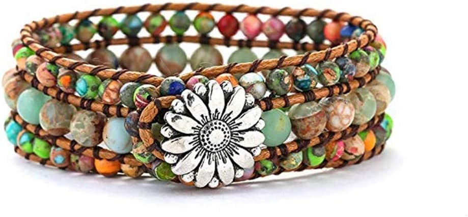 YGLINE Boho Handmade Natural Stone Bead 3 Row Wide Wrap Wrist Statment Bracelet Jewelry Collection