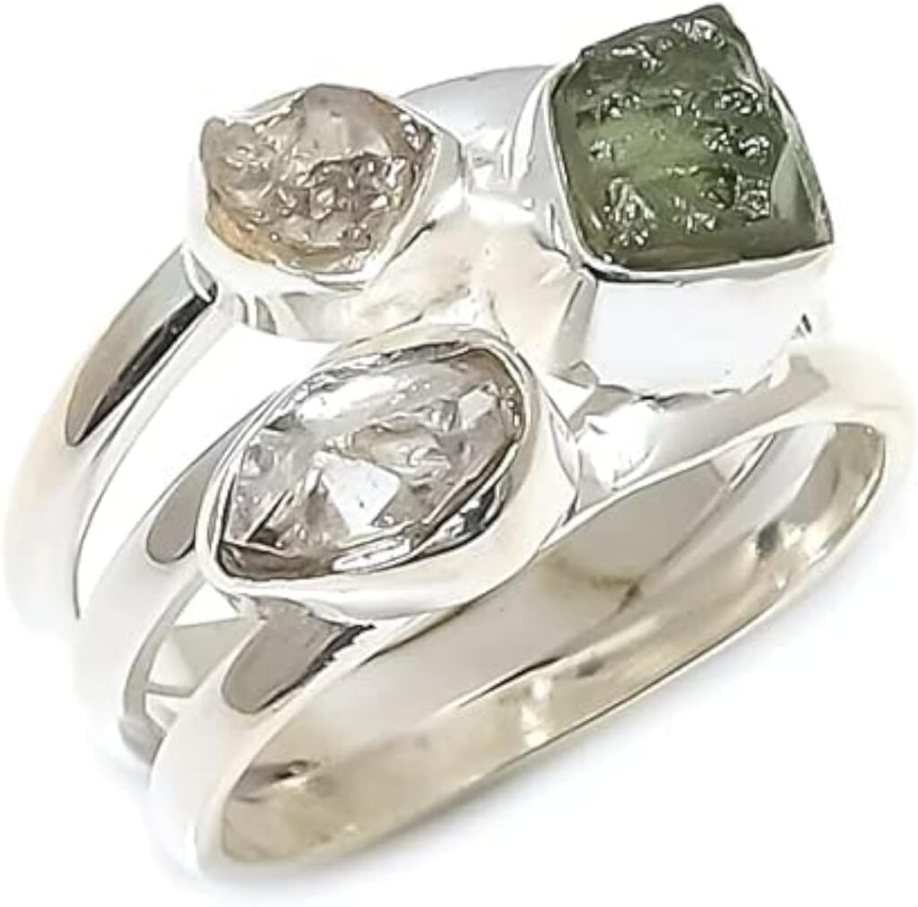 Rough Moldavite Ring & Herkimer Diamond Ring Gemstone From Czech Republic 925 Sterling Silver Handmade Jewelry