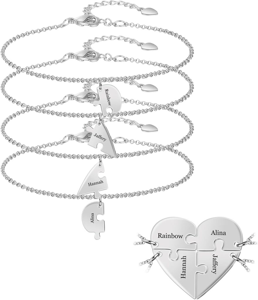 BAUMA AUTO Personalized Puzzle Piece Bracelet Set 2/3/4/5/6 Pcs for Family Love Best Friend Sterling Silver Custom Name Anklet Bracelet BFF Matching Heart Pendant Set