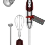 MegaWise Pro Titanium Reinforced 3-in-1 Immersion Corded Hand Blender, Powerful MOTOR with 80% Sharper Blades, 12-Speed Corded Blender, IncludingWhisk and Milk Frother (3-in 1 Red)