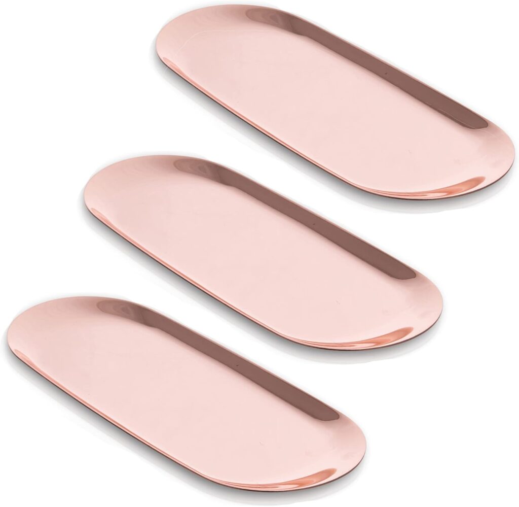 Luxurious Decor with Stainless Steel Jewelry Organizer Candle Decorative Tray – Set of 3, Rose Gold Finish, Versatile Usage, 9 Inch Medium Size