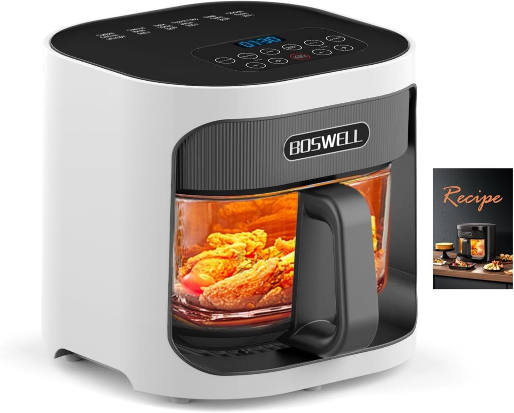 BOSWELL 4.5QT Glass Air Fryer – 6-in-1 with Transparent Bowl | Circulating Air for Crispy Results | Bake, Broil, Air Fry | Temperature Control, Dishwasher Safe (White)