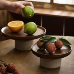 gugululu Wooden Fruit Bowl for Kitchen Counter, Handmade Wooden Pottery Clay Pedestal Bowl Fruit and Bread Basket Stand for Home Kitchen Decorative