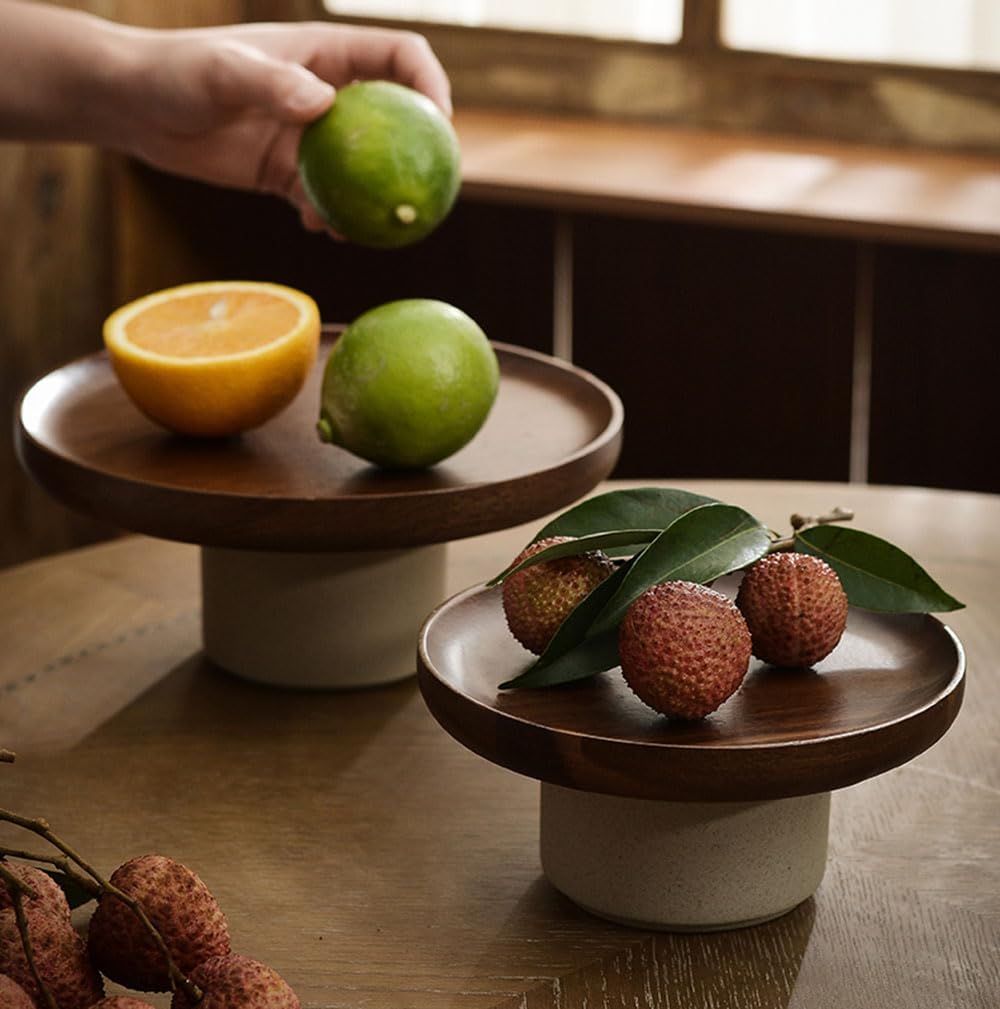 gugululu Wooden Fruit Bowl for Kitchen Counter, Handmade Wooden Pottery Clay Pedestal Bowl Fruit and Bread Basket Stand for Home Kitchen Decorative