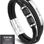 Forever Connected Son’s Customized Bracelet, To My Son Bracelet From Mom, zeilla Bracelets for My Son, Personalized Stainless Steel Bracelets, Knot Leather Engraved for Birthday Gifts