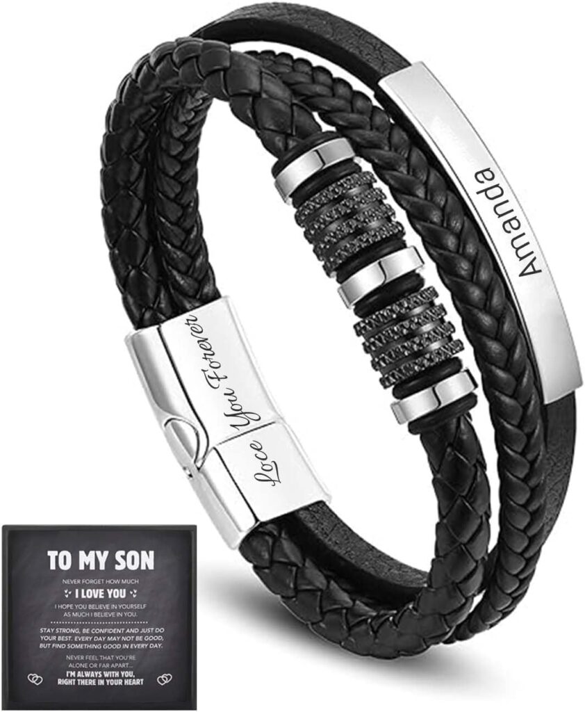 Forever Connected Son’s Customized Bracelet, To My Son Bracelet From Mom, zeilla Bracelets for My Son, Personalized Stainless Steel Bracelets, Knot Leather Engraved for Birthday Gifts