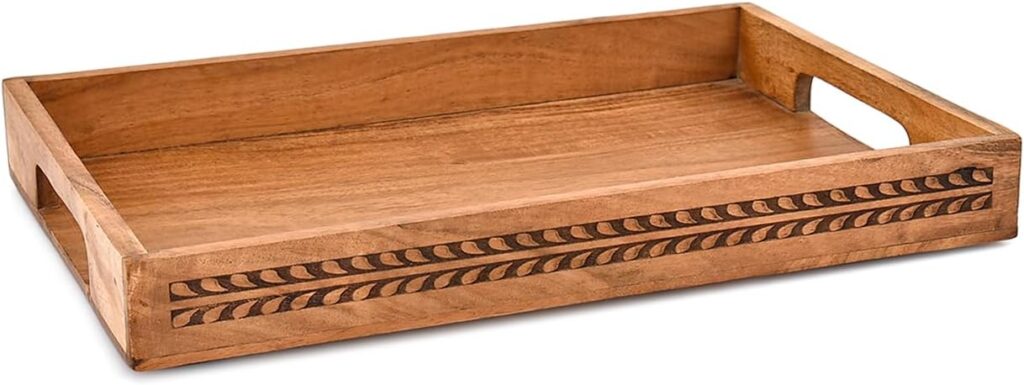 Nirman Serving Trays Acacia Wood Engraved Designer Tray with Handles | Elegant Gift for Home Decor, Hosting, Parties (15″ x 10″ x 1.75″)