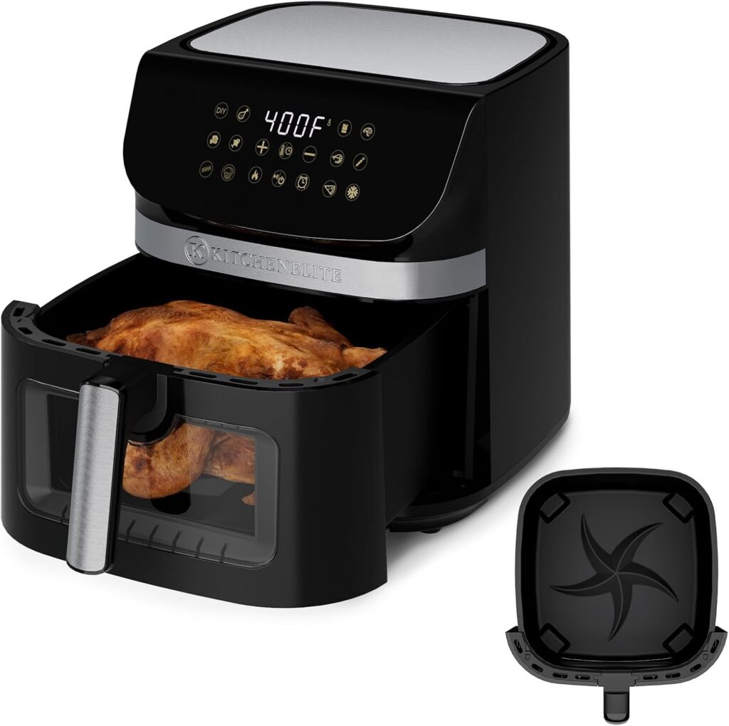 Kitchen Elite Air Fryer Oven with Stainless Steel, 9.5QT Large Airfryer, 9 1-Touch Cooking Presets, 400°F Temp, Large Window, Nonstick, Panel Tilt Friendly, Bake, Roast, Reheat, Dehydrate, 1700W