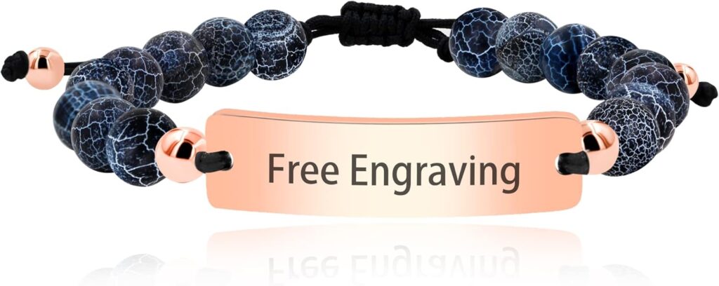 Handmade Custom Name ID Bracelet for Men Women, Weathered Black Agate Stone Bracelet Personalized Stainless Steel Identity Bracelet Y1435-Black