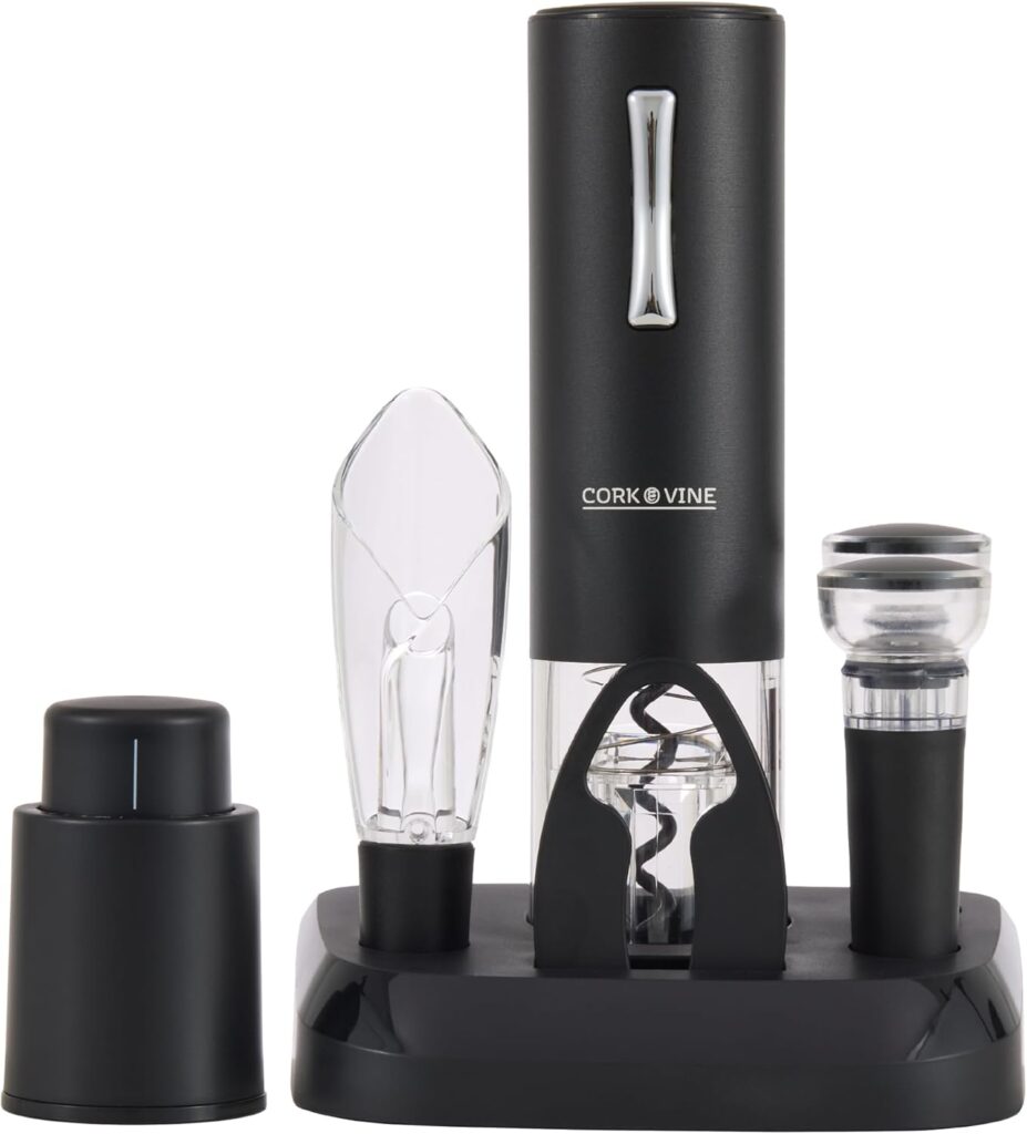Cork & Vine Rechargeable 7-Piece Wine Set | Electric Wine Opener, Charging Base | Smart Wine Stopper, Wine Aerator, Wine Foil Cutter, Rechargeable Corkscrew, 2 Wine Stoppers Vacuum | Kitchen Gadgets