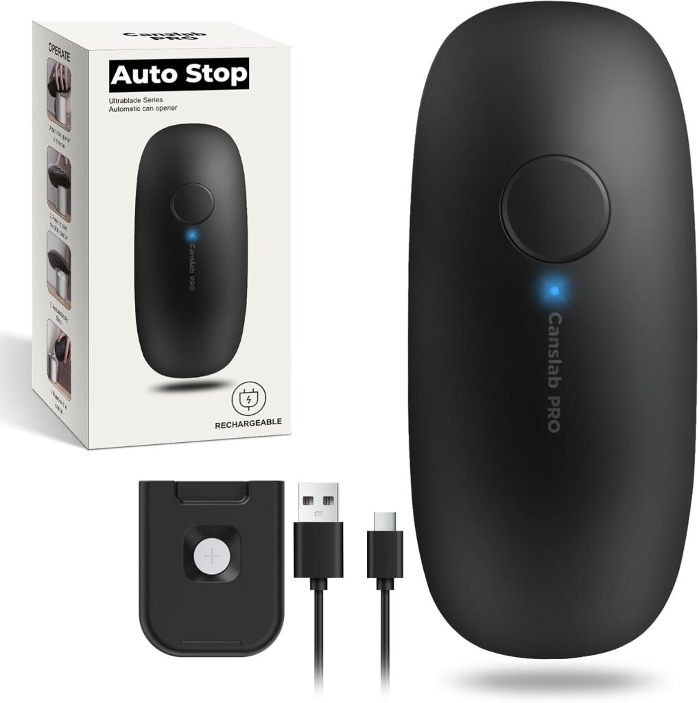 Canslab Ultrablade PRO Auto Stop Can Opener – Rechargeable Electric Can Opener for Kitchen for Seniors with Arthritis – One Touch Side Cut Opener, Smooth Edge, Handfree, Wall Mounted Small Size, Black