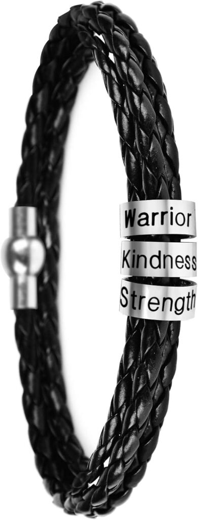 SOULSIS Men’s Black Braid Leather Bracelet with Names Engraved in Custom Beads