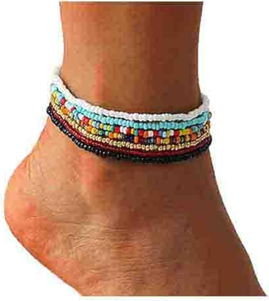 Boho Handmade Beaded African Anklets Multicolor Women Stretch Seed Beads Rainbow Ankle Bracelets Glass Bead Bracelet Elastic Foot and Hand Chain Jewelry (7PCS)