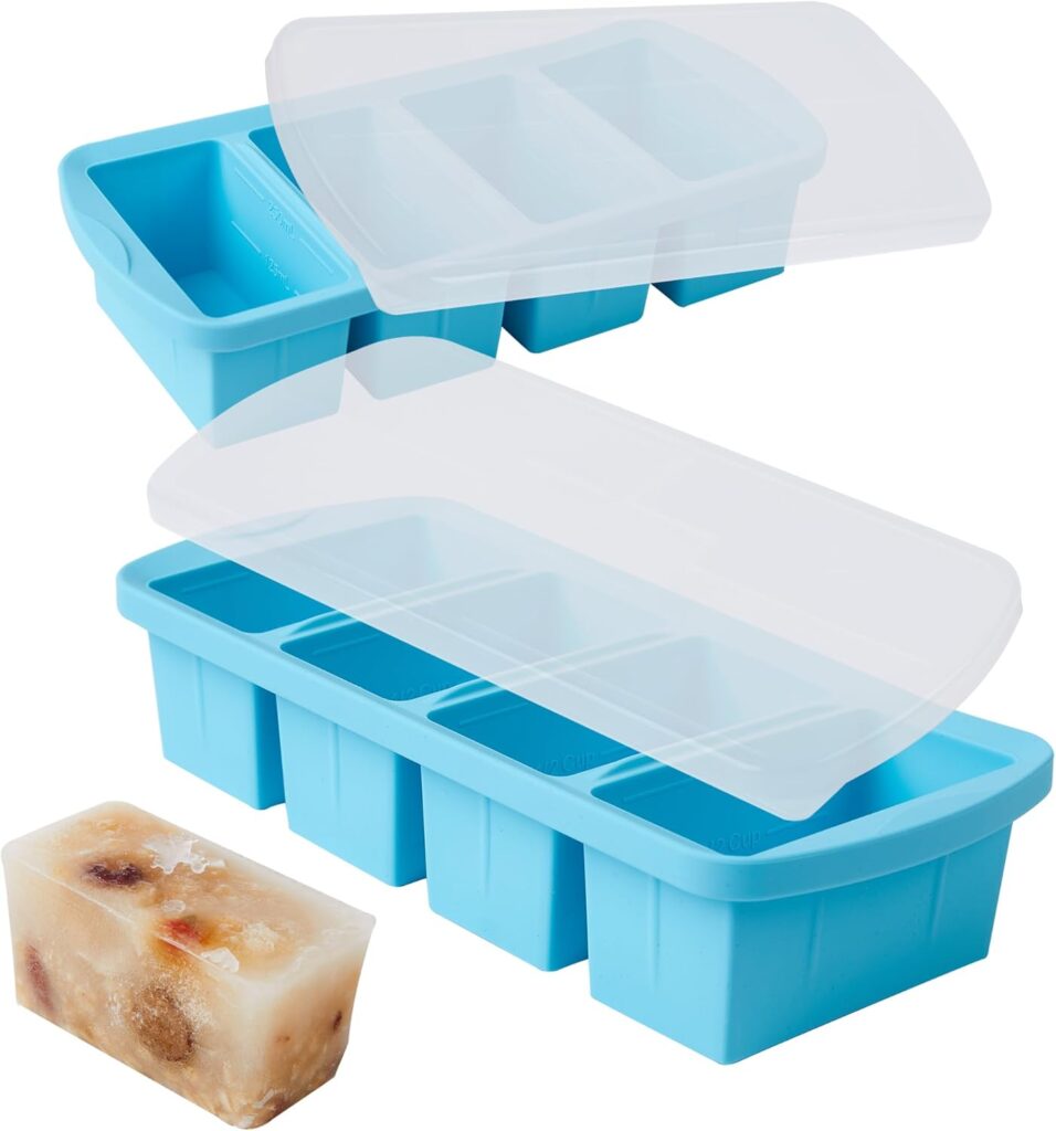 Silicone Freezer Tray with Lid 2 Pack Silicone Freezer Molds – Large Ice Cube Tray – Makes 8 Perfect 1 Cup Portions Soup Cubes Meal Prep Containers- Oven & Dishwasher Safe