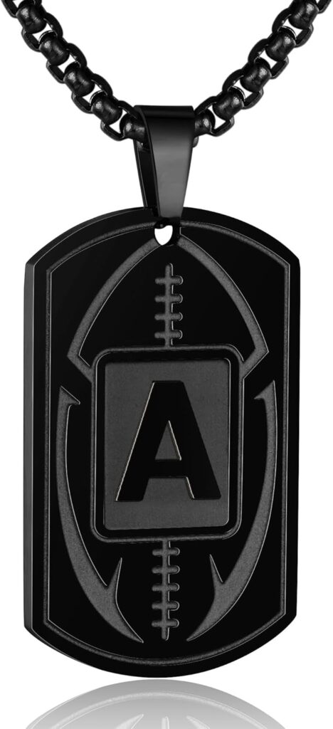 Initial A-Z Dog Tag Necklace for Men – Football Charm Pendant, Stainless Steel Chain 22+2 Inches, Personalized Sports Athletes Jewelry Gift
