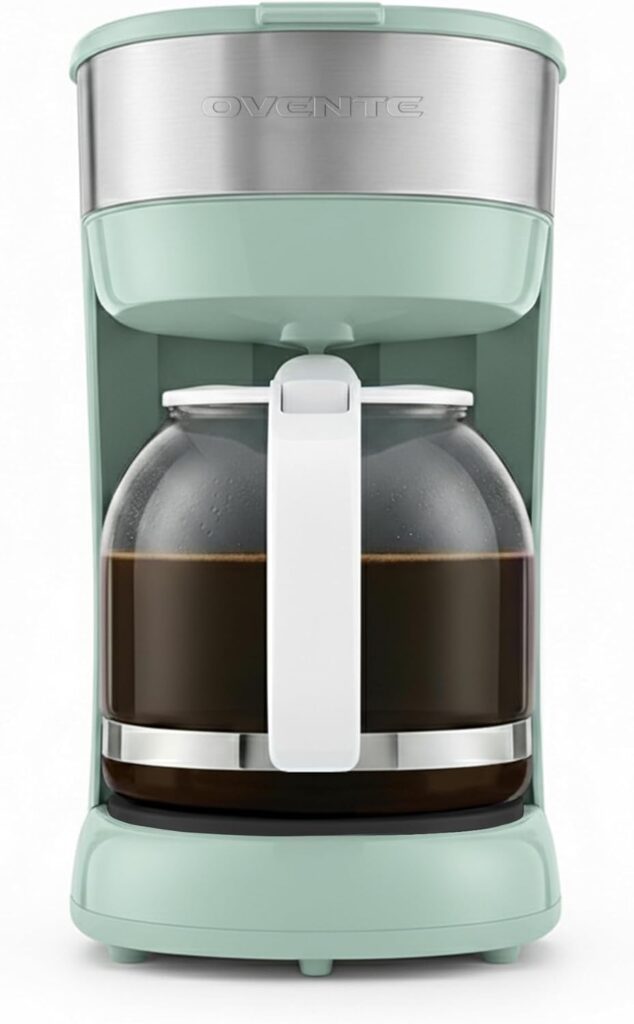 OVENTE 12-Cup Drip Coffee Maker with Borosilicate Glass Carafe, One-Touch Operation Machine, Anti-Drip System, Reusable Filter and Clear View Water Gauge, Ideal for Home or Office, Light Teal CM412LBL