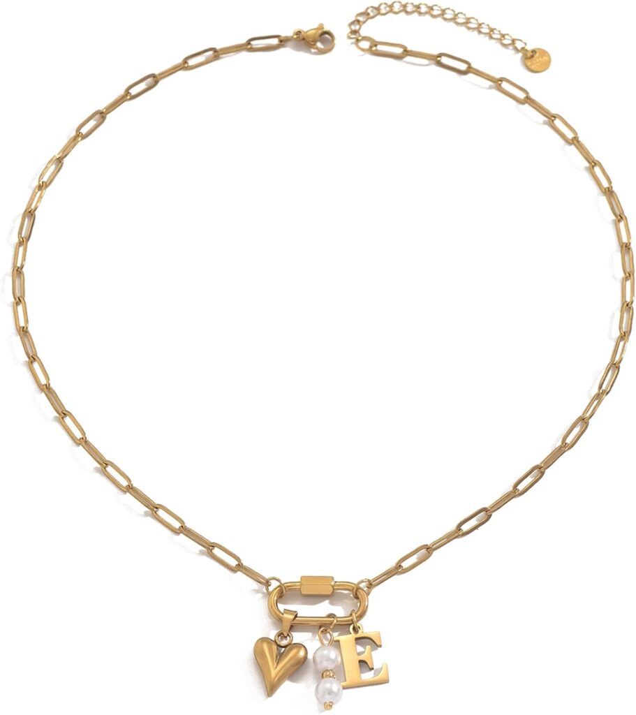 Gold Heart Initial Necklaces for Women 18K Gold Plated Dainty Pearl Letter Necklace Personalized Monogram Name A-Z Pendant Everyday Jewelry for Women