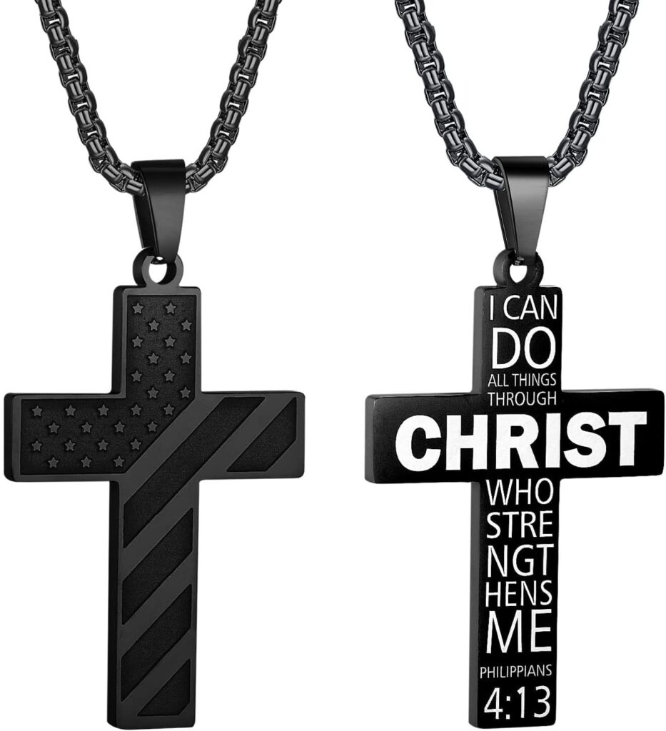 American Flag Cross Necklace for Men Stainless Steel Box Chain 22+2 inch Inspirational Bible Verse Cross Pendant Patriotic Jewelry Personalized Christian Gift for Men